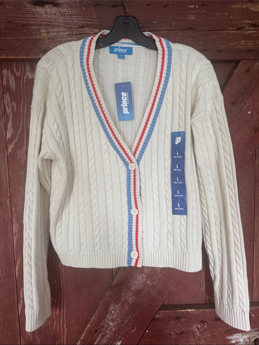 C. Prince Pickleball Cream Cable Knit V Neck Cardigan with Red & Blue Trim. NWT